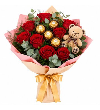 errero rocher gül buketi, ayıcıklı gül buketi, kırmızı gül 