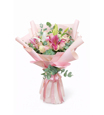 pembe lilyum buketi, pastel gül buketi, lilyum aranjmanı, pr