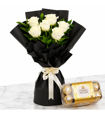 beyaz gül buketi, ferrero rocher çiçek, beyaz güller