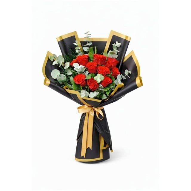 11 li Altın Çerçeveli Kırmızı Gül Buketi