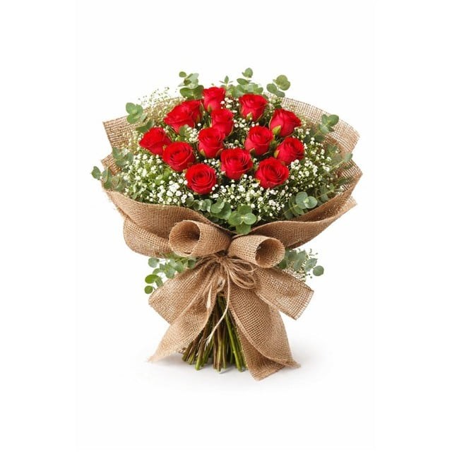13 lü Hasır Dokunuş Kırmızı Gül Buketi