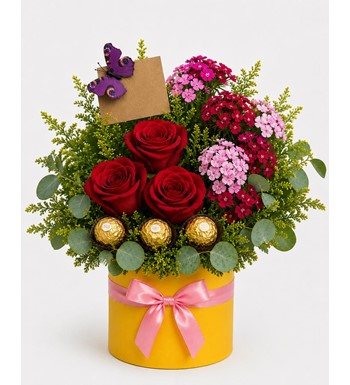 kırmızı gül kutusu, ferrero rocher çiçek, dianthus aranjmanı