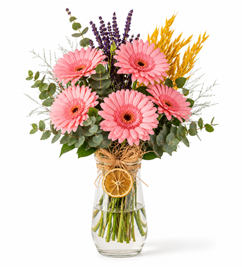 pembe gerbera vazosu, lavantalı çiçek aranjmanı