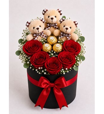 kırmızı gül kutusu, sevgiliye romantik çiçek, peluş ayıcıklı