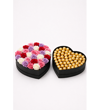 karışık renkli gül kutusu, ferrero rocher seti,kalp kutu gül