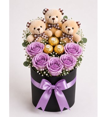 lila gül kutusu, ayıcıklı çiçek kutusu, ferrero rocher çiçek