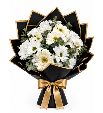 beyaz gerbera buketi,siyah gold buket,premium papatya buketi