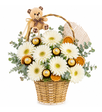 ayıcıklı çiçek sepeti, çikolatalı gerbera, beyaz gerbera 