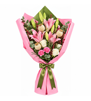pembe lilyum buketi, pembe zambak buketi,doğum günü çiçeği