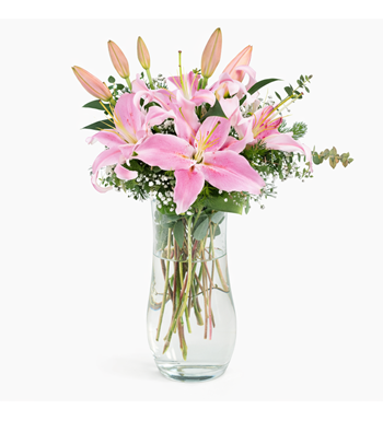 pembe lilyum, cam vazoda lilyum, pembe lilyum aranjmanı