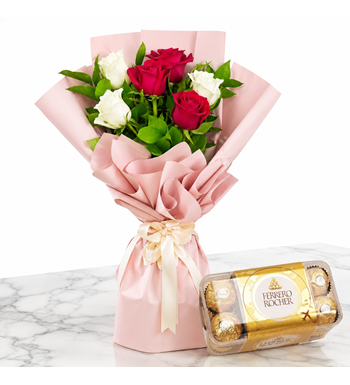 ferrero rocher çiçek,çikolatalı gül buketi,kırmızı beyaz gül
