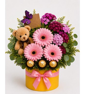 pembe gerbera kutusu, ayıcıklı çiçek kutusu, ferrero rocher 