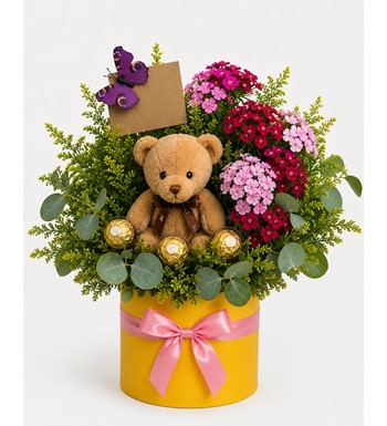 ayıcıklı çiçek kutusu, dianthus aranjmanı, ferrero rocher 