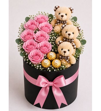 ayıcıklıpembe gül kutusu,ferrero rocher çiçek,pembe gül 