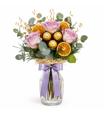 lila gül buketi, ferrero rocher çiçek, vazoda çiçek aranjman