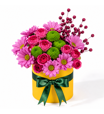 flower box aranjmanı, pembe papatya kutusu, çardak gül 