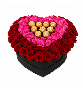 kalp kutuda gül, ferrero rocher çiçek kutusu, kırmızı gül 