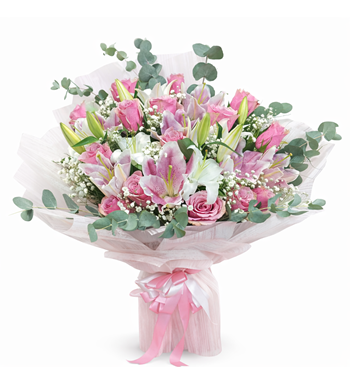 pembe lilyum buketi, lilyum gül aranjmanı, romantik çiçek bu