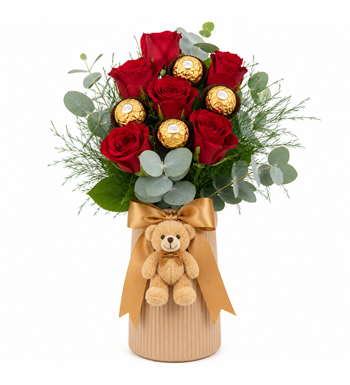kırmızı gül aranjmanı, ayıcıklı çiçek, ferrero rocher çiçek