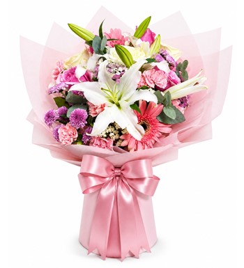 premium çiçek buketi, pembe lilyum buketi, gerbera buketi
