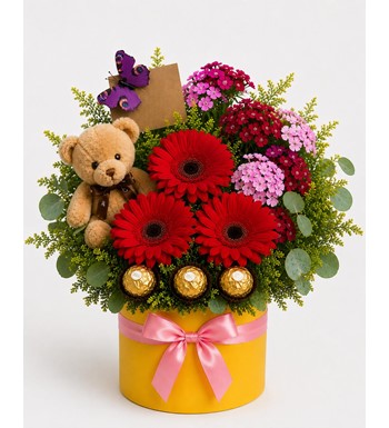 ayıcıklı flower box, ferrero rocher çiçek, kırmızı gerbera 