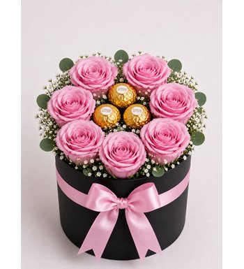 pembe gül kutusu, ferrero rocher çiçek, kutuda gül