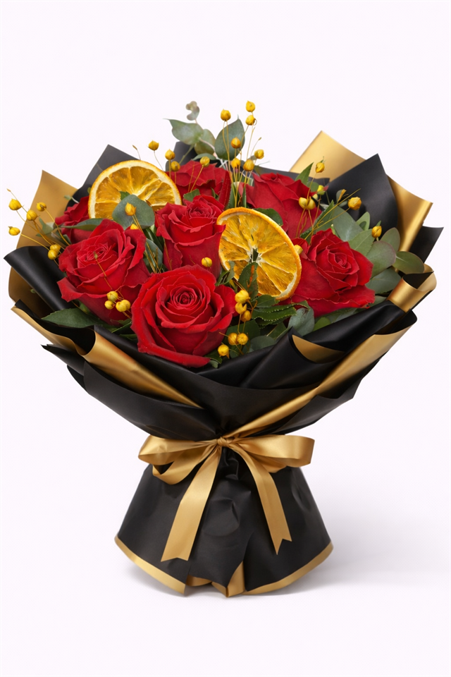 Altın Tutku – Kuru Portakallı Kırmızı Gül Buketi