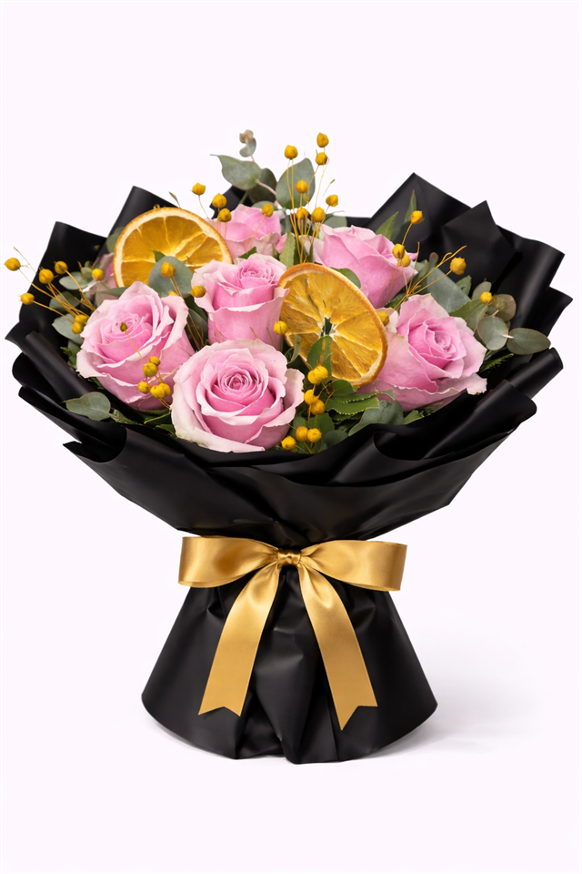 Altın Zarafet – Kuru Portakallı Pembe Gül Buketi