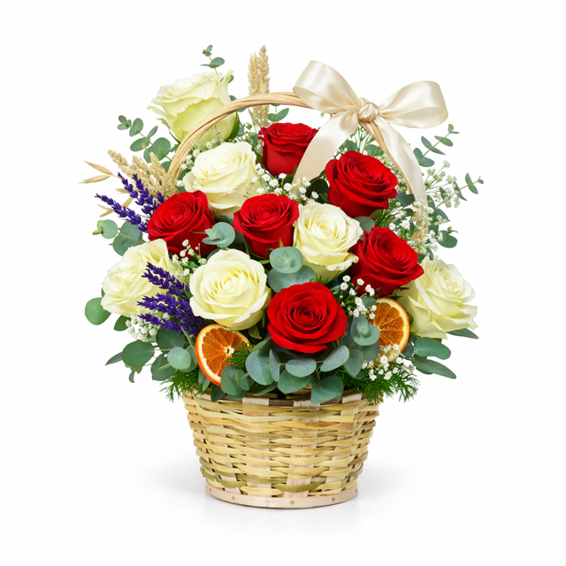Aşkın Dengesi – Kırmızı & Beyaz Gül Hasır Sepet Aranjmanı