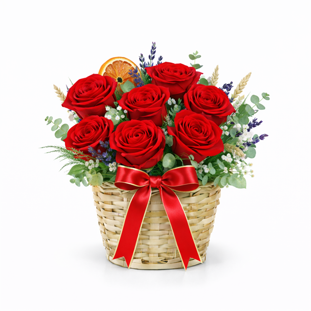 Aşkın Dokunuşu – Hasır Sepette 7 Kırmızı Gül  Aranjmanı