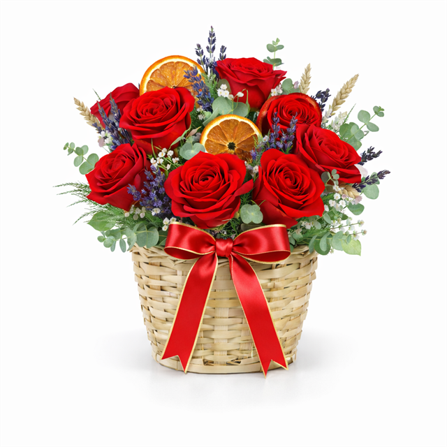 Aşkın Ritmi – Hasır Sepette Kırmızı 9  Gül Aranjmanı