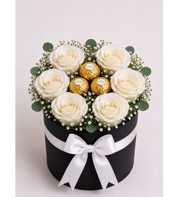 beyaz gül kutusu, ferrero rocher çiçek, premium beyaz gül,