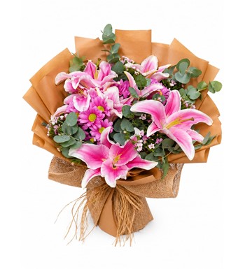 pembe lilyum buketi, lilyum aranjmanı, pembe çiçek buketi