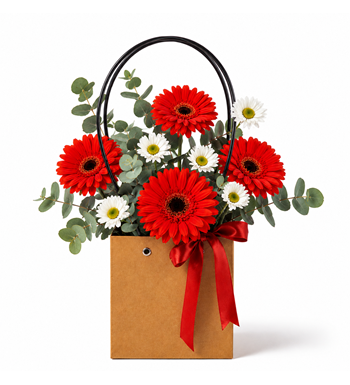 kırmızı gerbera aranjmanı, gerbera çanta tasarım