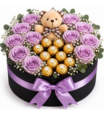 lila gül kutusu, ayıcıklı çiçek kutusu, ferrero rocher çiçek