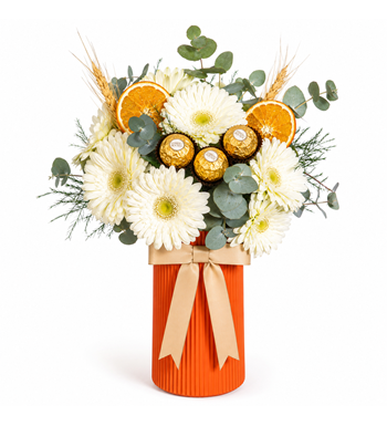 beyaz gerbera aranjmanı, ferrero rocher çiçek