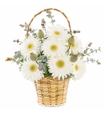 beyaz gerbera aranjmanı, haşhaşlı çiçek sepeti,çiçek sepeti