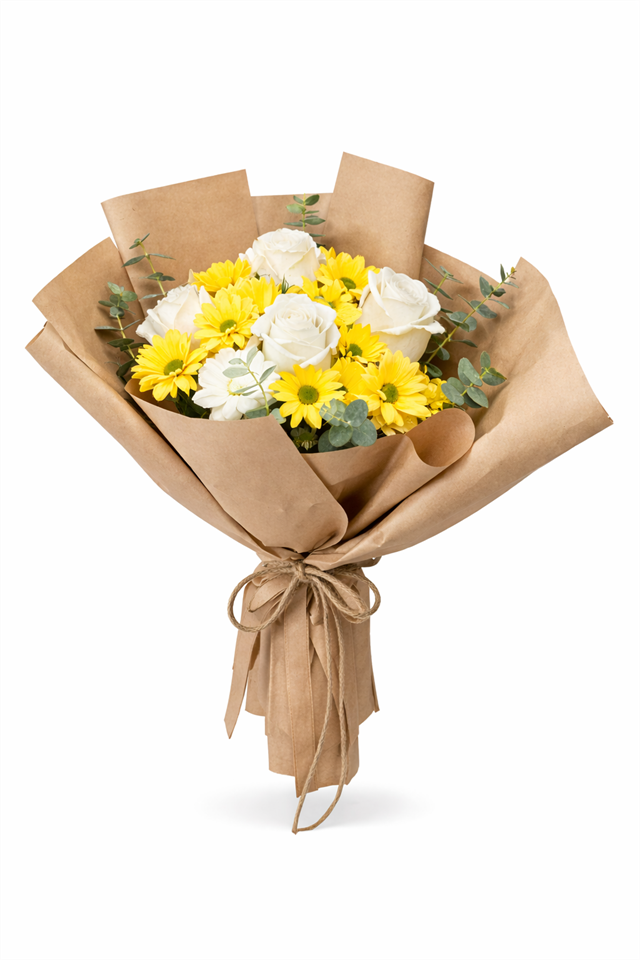 Doğal Neşe – Beyaz Gül & Sarı Papatya Buketi