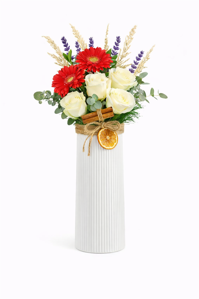 Doğal Şıklık | Beyaz Güller, Kırmızı Gerbera ve Lavanta