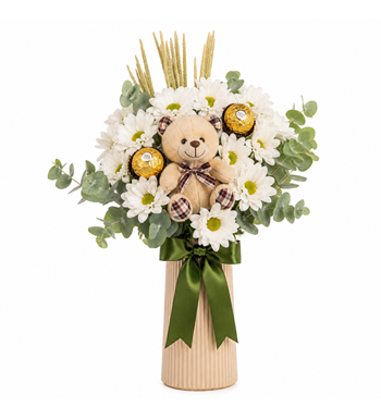 ayıcıklı papatya aranjmanı,ferrero rocher çiçek,beyaz papaty
