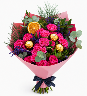 pembe gül buketi, ferrero rocher buket, çikolatalı çiçek 