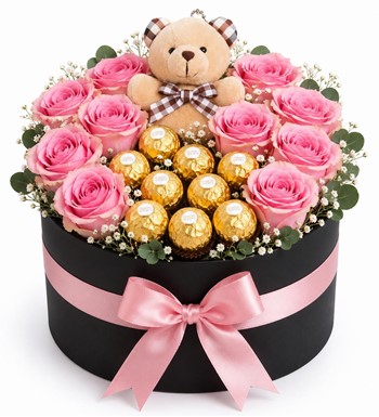 ayıcıklıgül kutusu,ferrero rocher kutusu,pembe gül aranjmanı