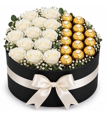 beyaz gül kutusu,ferrero rocher kutusu,beyaz güllü aranjman