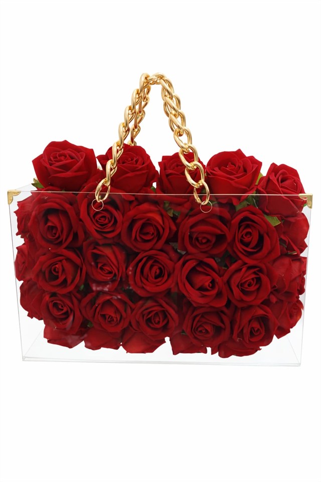 Gold Zincirli Şeffaf Çanta İçinde 41 Kırmızı Gül