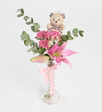 ayıcıklı lilyum, pembe lilyum vazosu, mini gül aranjmanı
