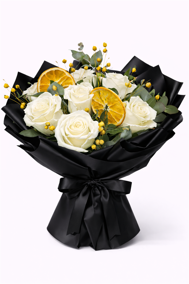 Kuru Portakallı Beyaz Gül Buketi