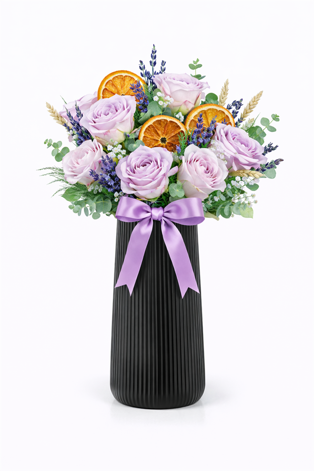 Lavanta Esintisi – Siyah Vazoda Lila Gül Aranjmanı