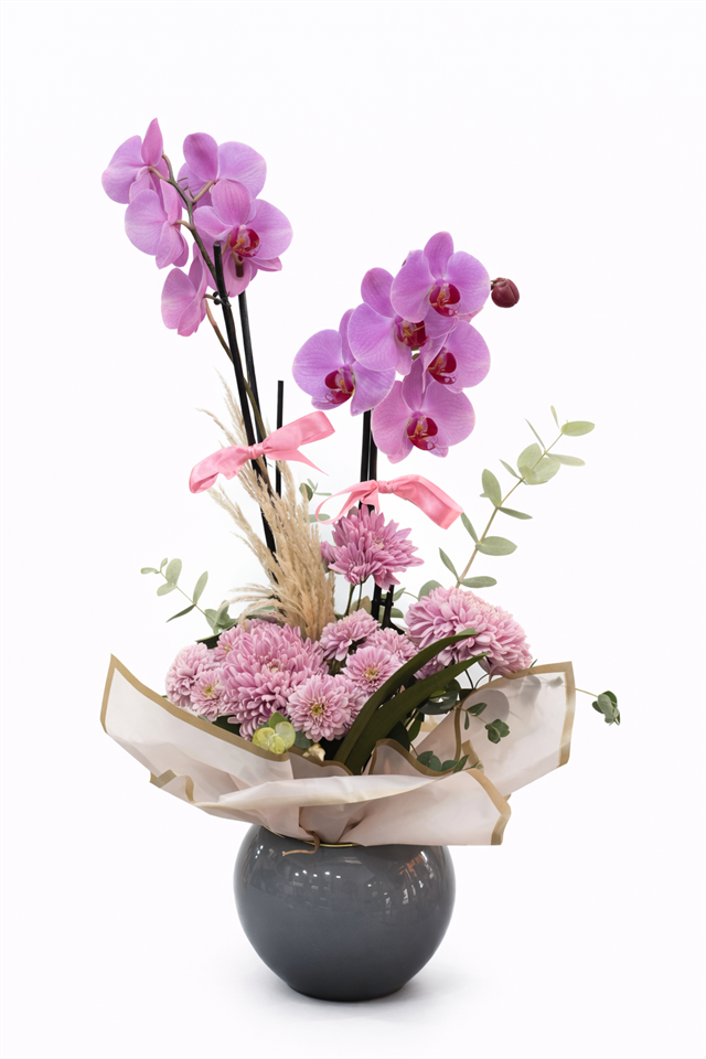 Pink Orchid in Grey Glass Bowl