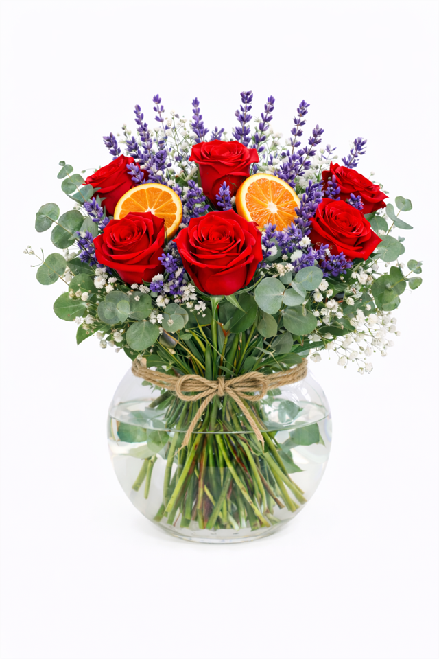 Portakallı & Lavantalı Kırmızı Gül Aranjmanı (Cam Vazoda)
