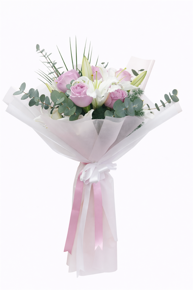 Romantik Pembe Güller ve Beyaz Lilyum Buketi